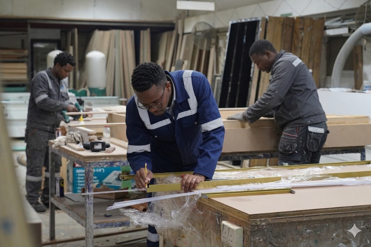 Artisan hands working on timber in a professional workshop